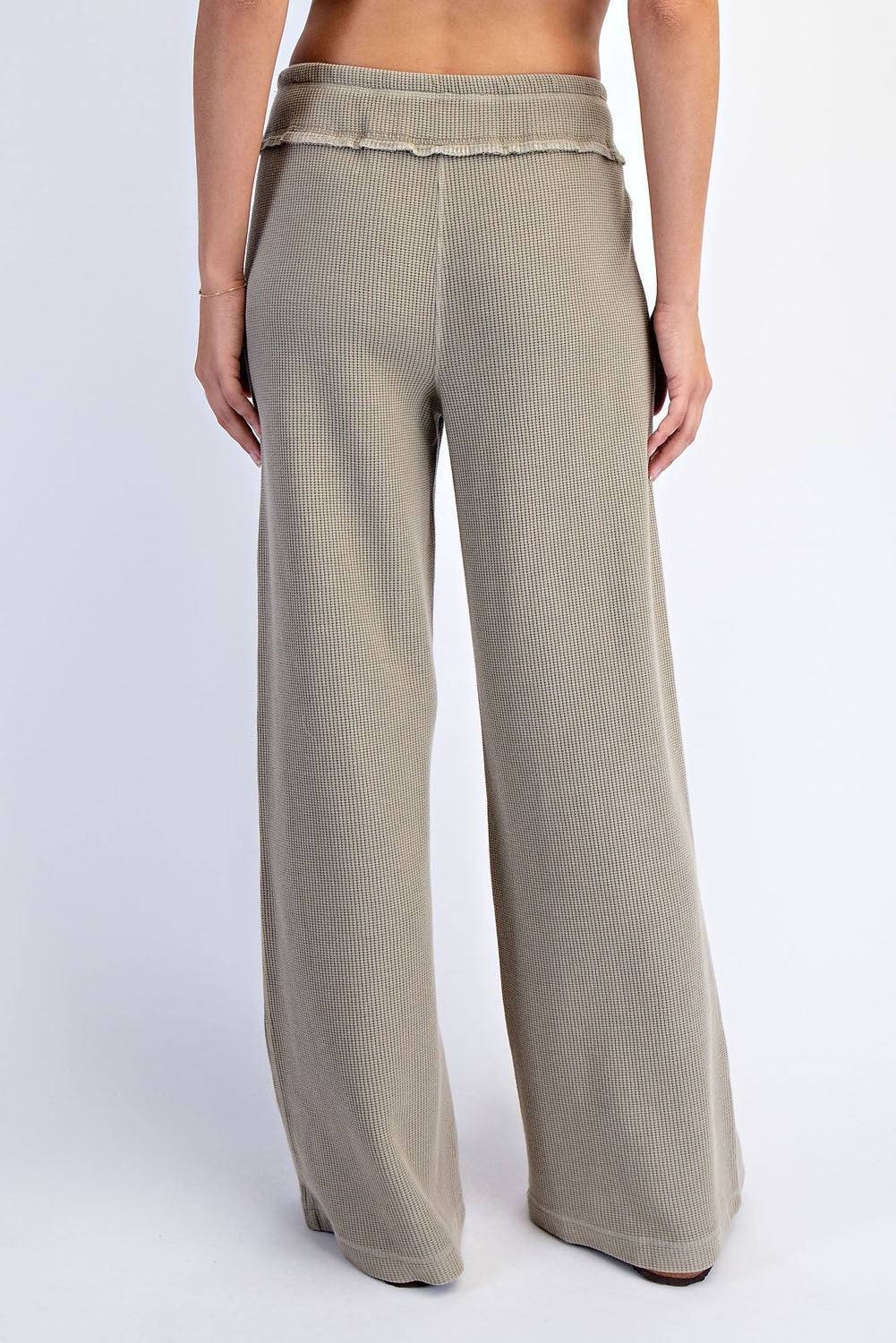 Olive Mineral Wash Waffle Knit Wide Leg Pants