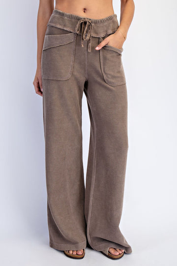 Mocha Mineral Wash Waffle Knit Wide Leg Pants