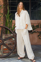 Taupe Striped Cotton Gauze Drawstring Pants