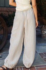 Taupe Striped Cotton Gauze Drawstring Pants