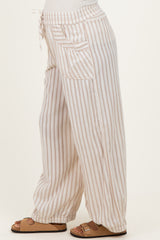 Taupe Striped Cotton Gauze Drawstring Maternity Pants