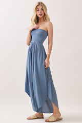 Blue Smocked Strapless Tulip Leg Jumpsuit