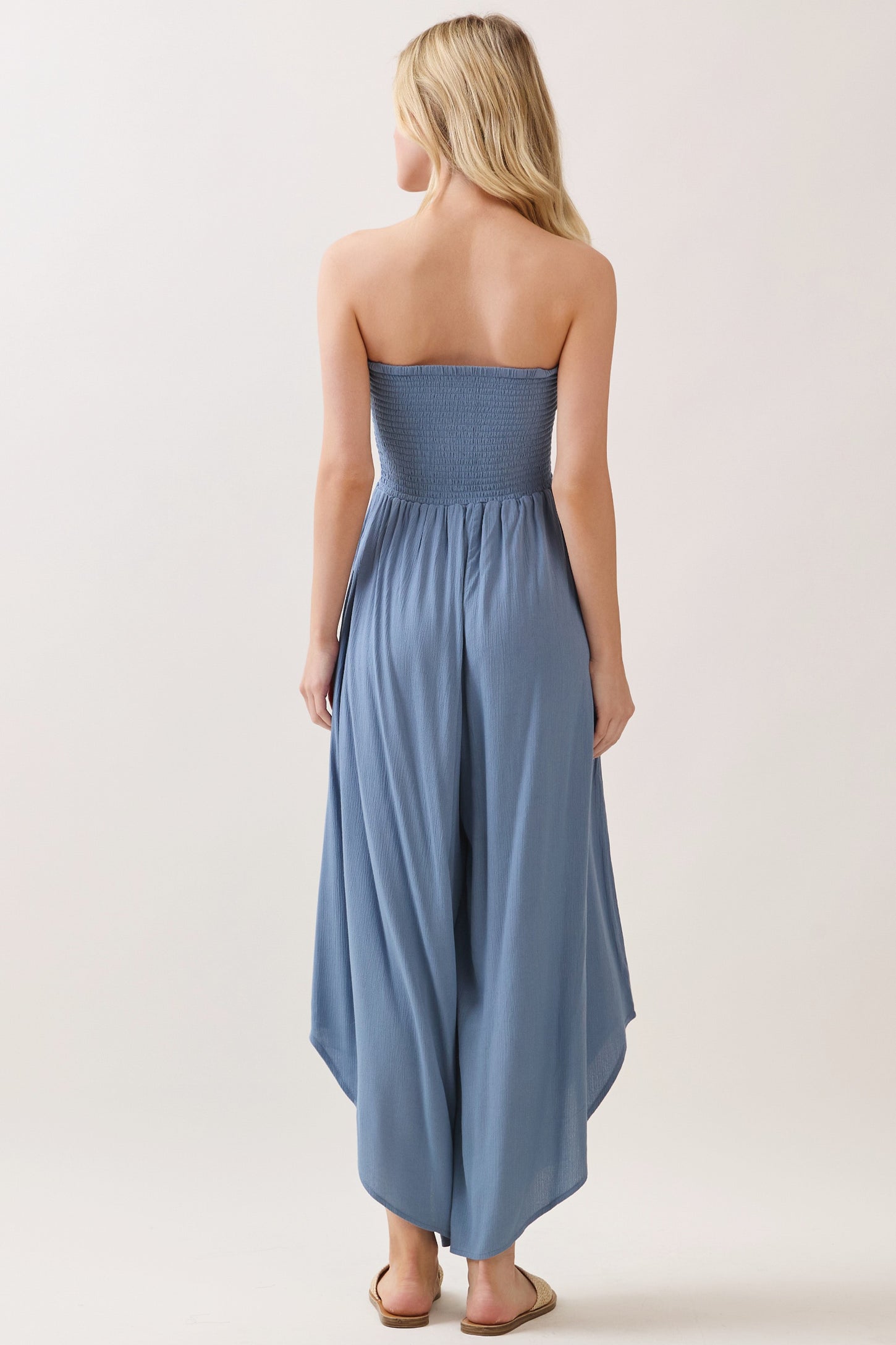 Blue Smocked Strapless Tulip Leg Jumpsuit