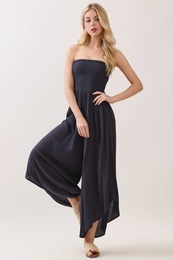 Navy Smocked Strapless Tulip Leg Jumpsuit