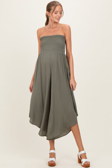 Olive Smocked Strapless Tulip Leg Maternity Jumpsuit