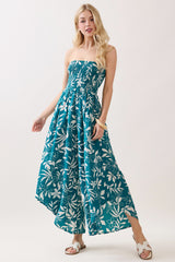 Teal Floral Strapless Smocked Tulip Leg Maternity Jumpsuit