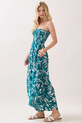 Teal Floral Strapless Smocked Tulip Leg Jumpsuit