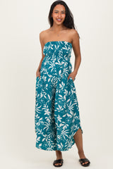 Teal Floral Strapless Smocked Tulip Leg Maternity Jumpsuit