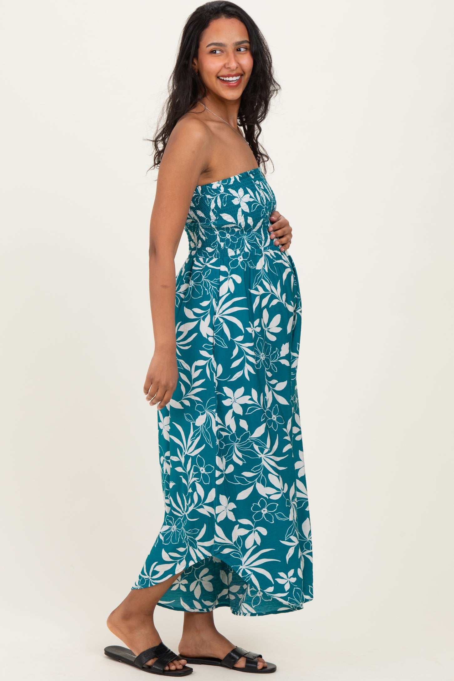 Teal Floral Strapless Smocked Tulip Leg Maternity Jumpsuit