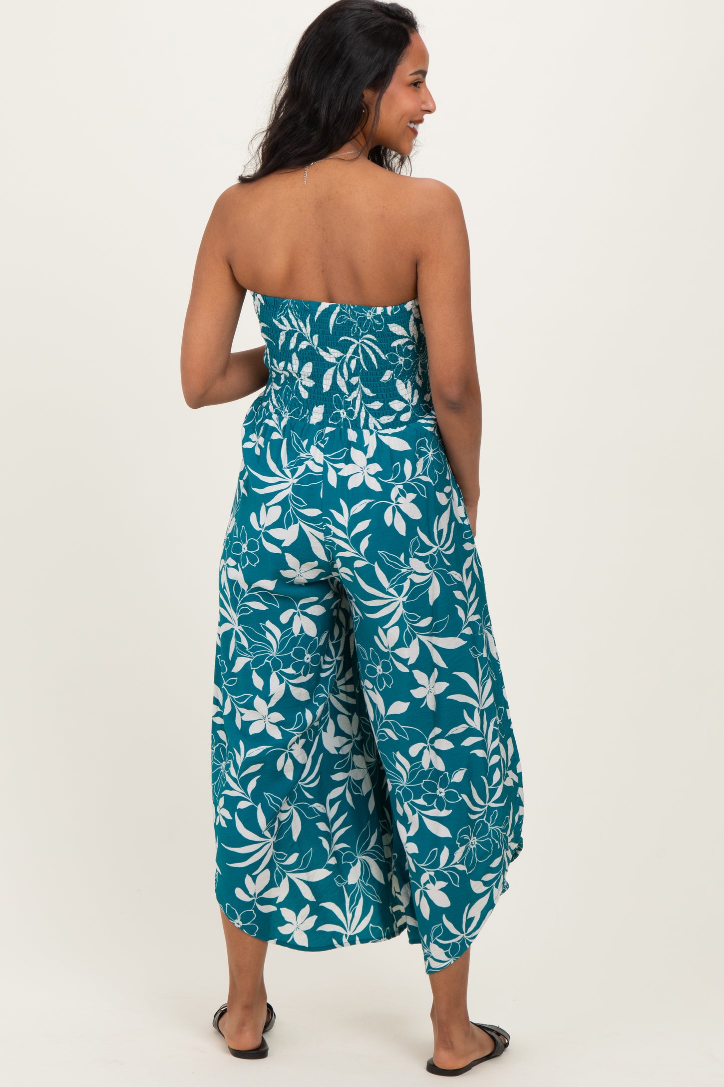 Teal Floral Strapless Smocked Tulip Leg Maternity Jumpsuit