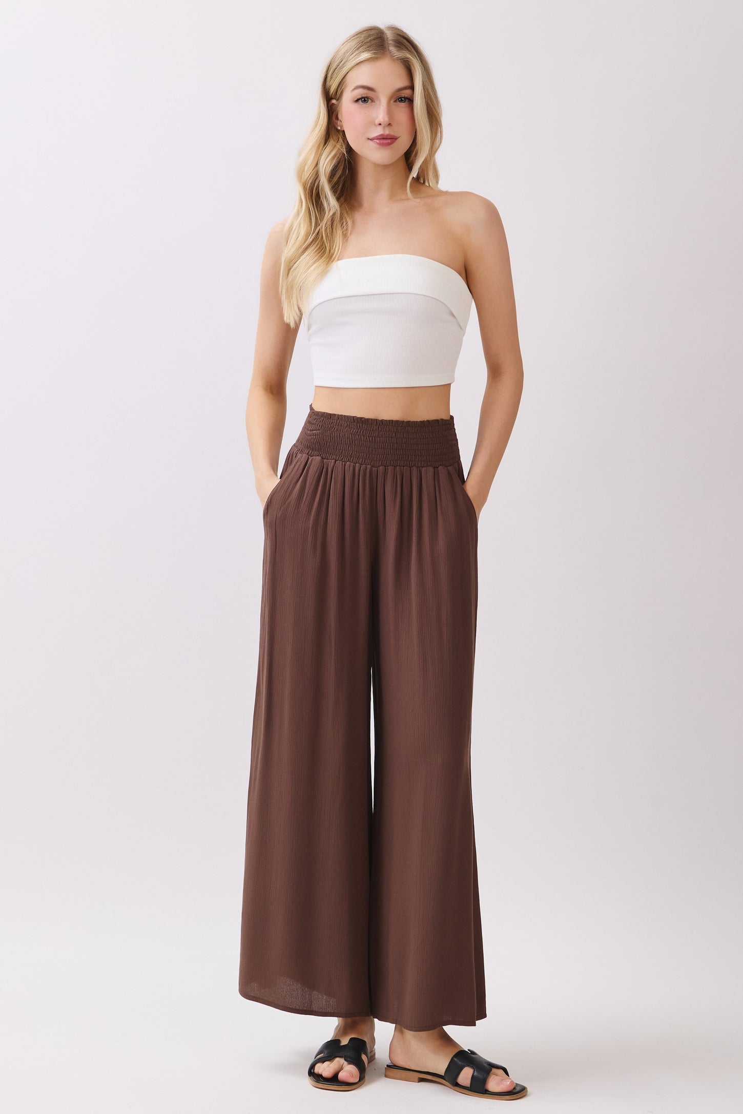 Chocolate Smocked Waist Ankle Wide Leg Pants