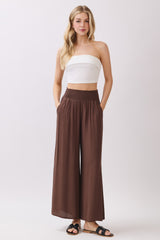 Chocolate Smocked Waist Ankle Wide Leg Pants