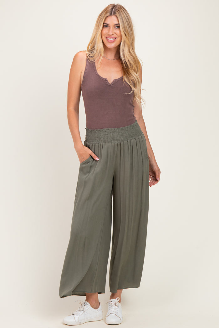 Olive Smocked Waist Ankle Wide Leg Pants