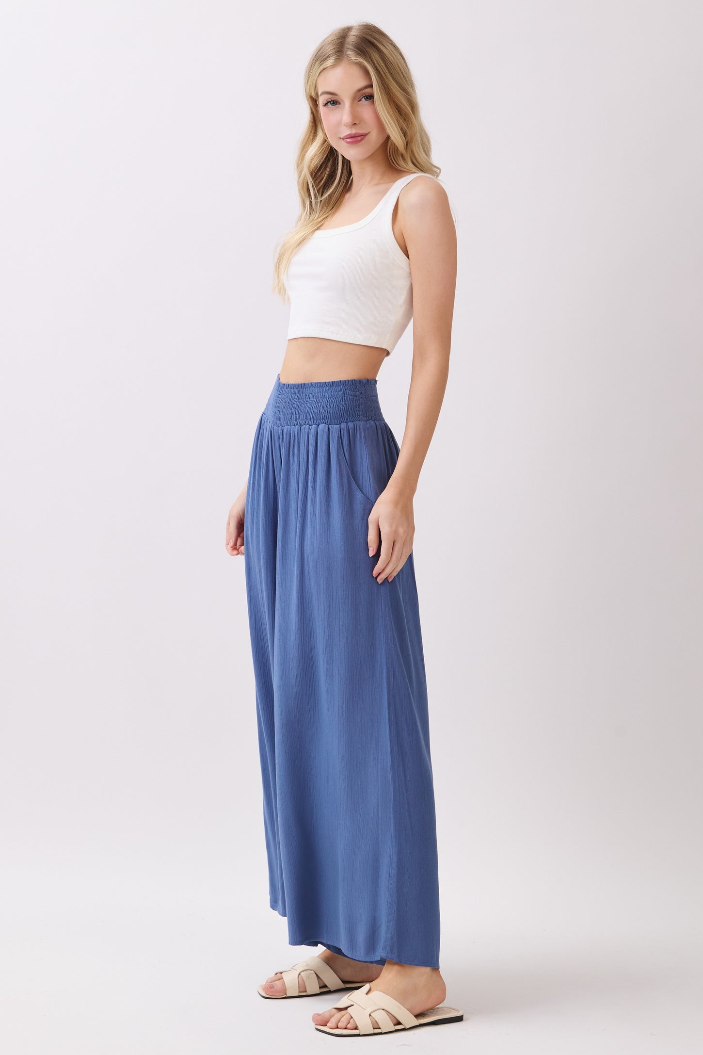 Blue Smocked Waist Ankle Wide Leg Pants