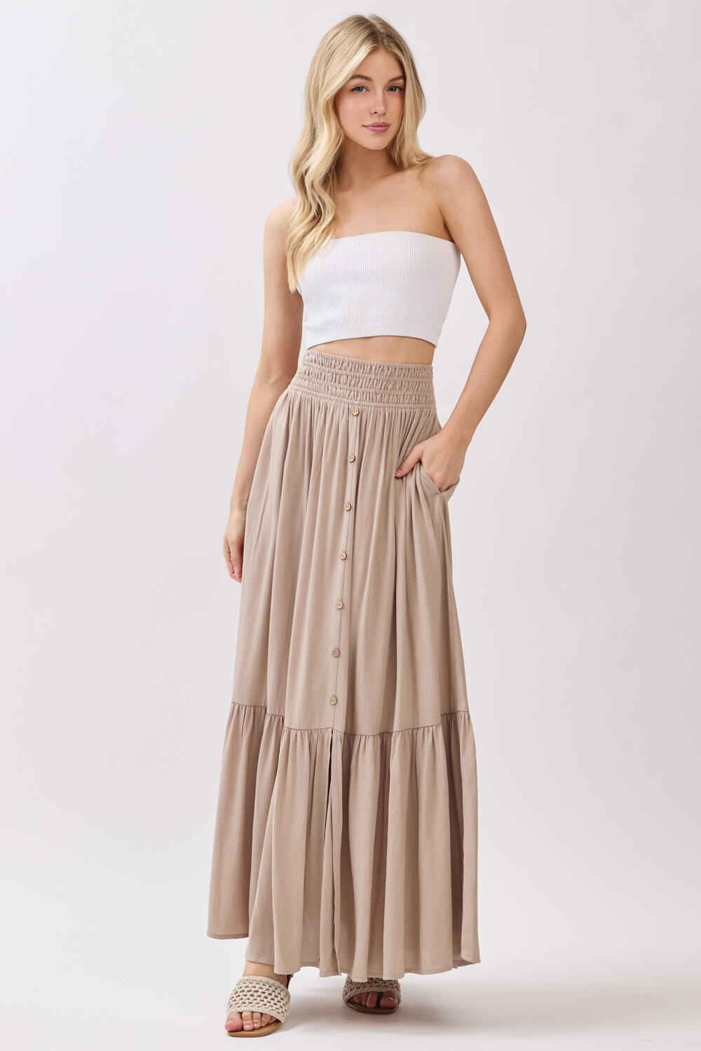 Sand Smocked Waist Button Detail Maxi Skirt