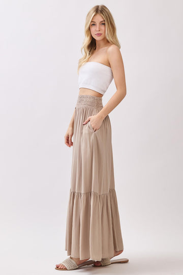 Sand Smocked Waist Button Detail Maxi Skirt