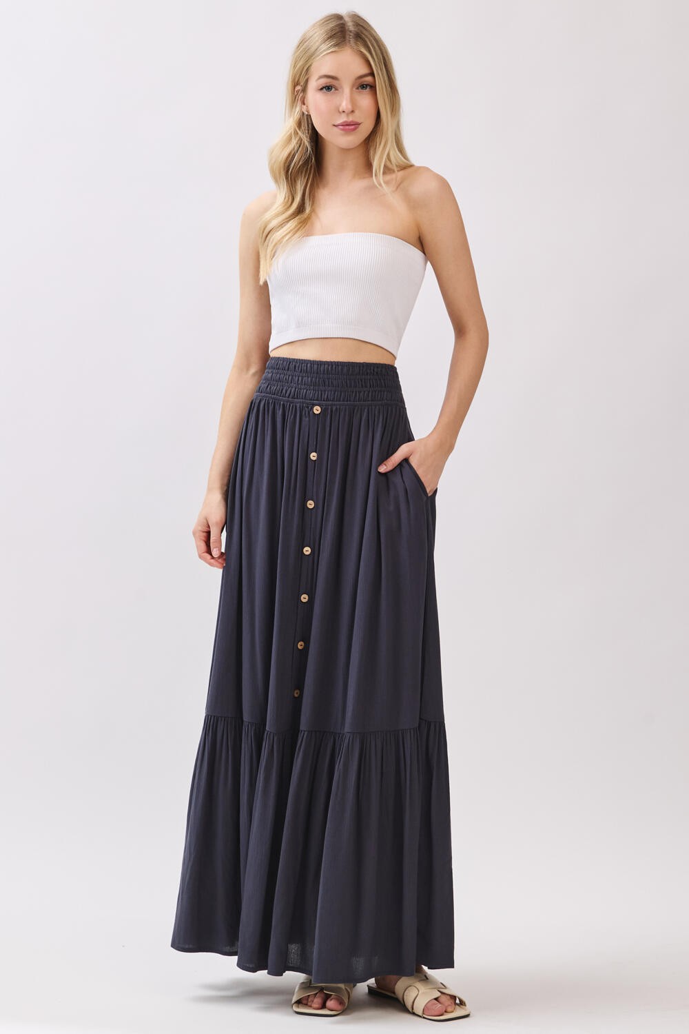 Navy Smocked Waist Button Detail Maxi Skirt