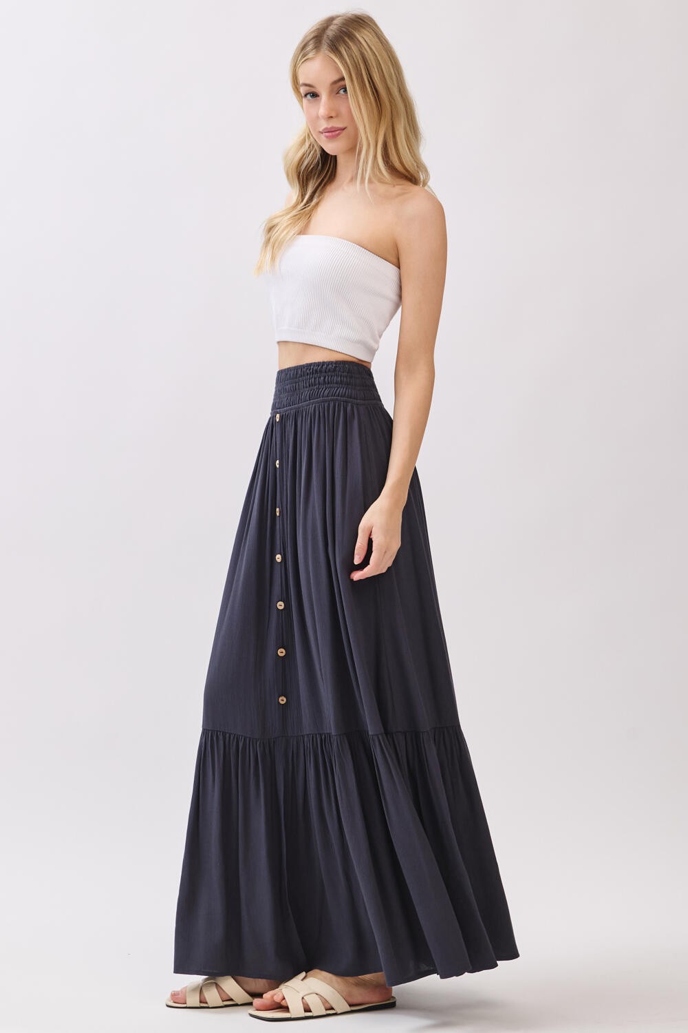 Navy Smocked Waist Button Detail Maxi Skirt