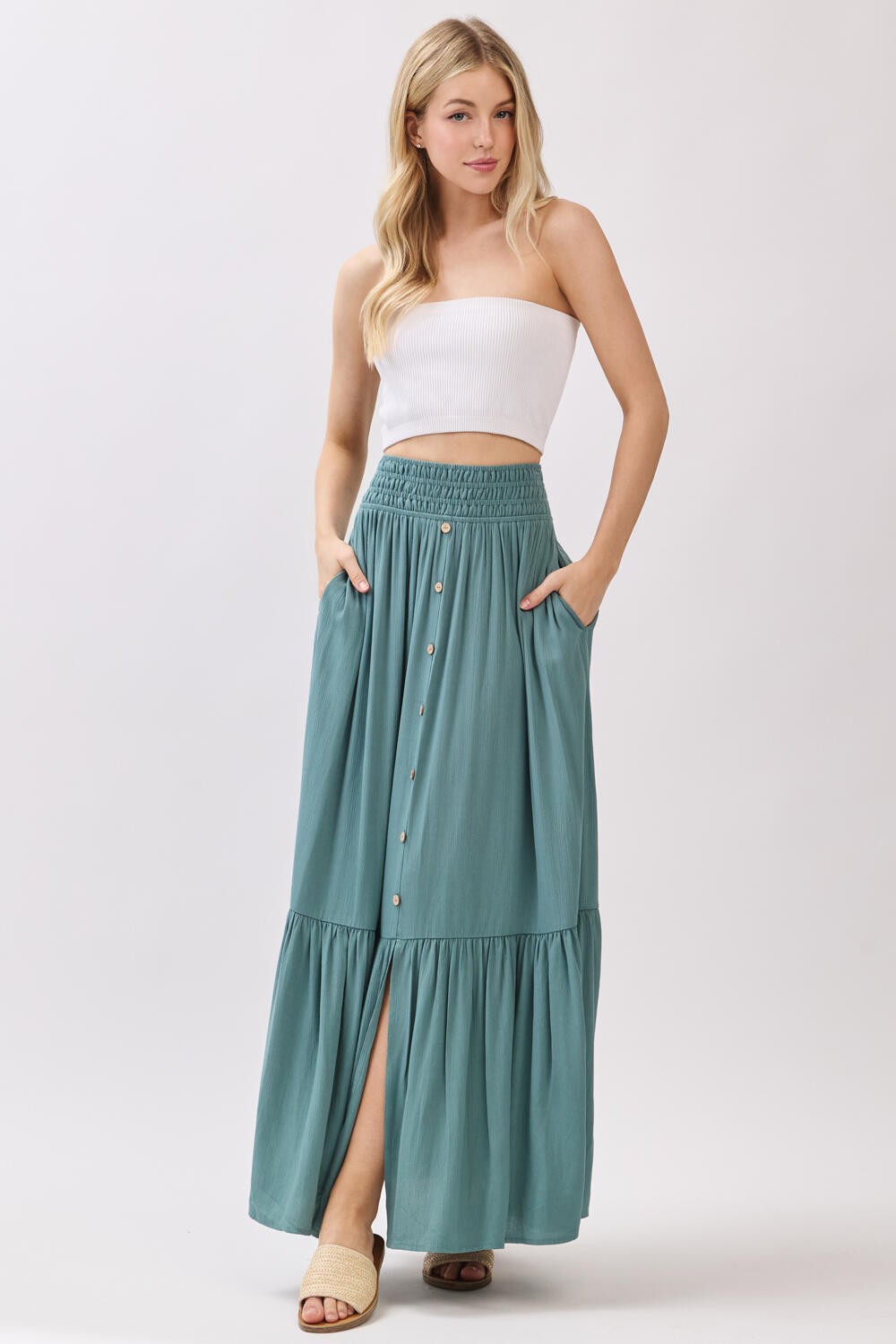 Turquoise Smocked Waist Button Detail Maxi Skirt