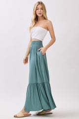 Turquoise Smocked Waist Button Detail Maxi Skirt