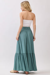 Turquoise Smocked Waist Button Detail Maxi Skirt