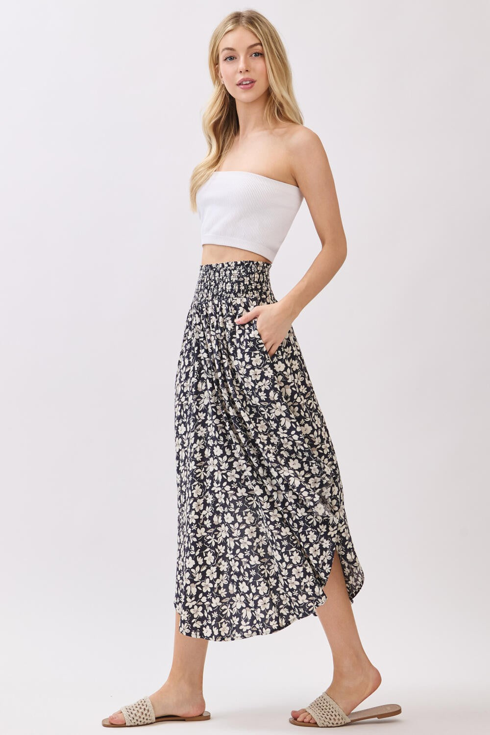 Black Floral Tulip Hem Midi Skirt