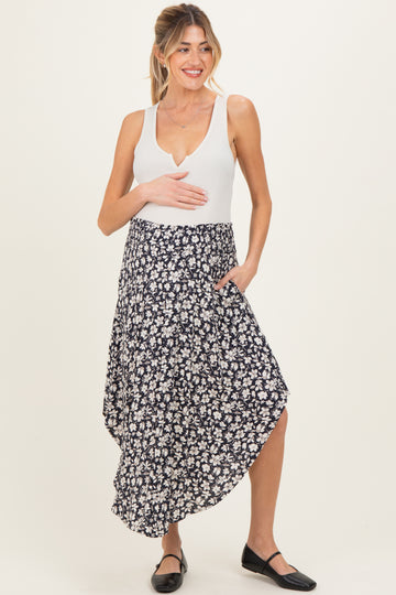 Black Floral Tulip Hem Maternity Midi Skirt