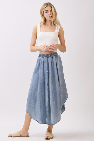Blue Chambray Tulip Hem Midi Skirt
