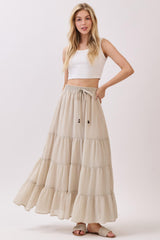 Beige Tiered Drawstring Maxi Skirt
