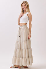Beige Tiered Drawstring Maxi Skirt