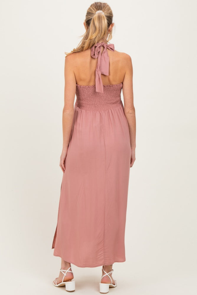 Mauve Halter Neck Side Slit Maternity Midi Dress