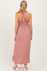 Mauve Halter Neck Side Slit Maternity Midi Dress