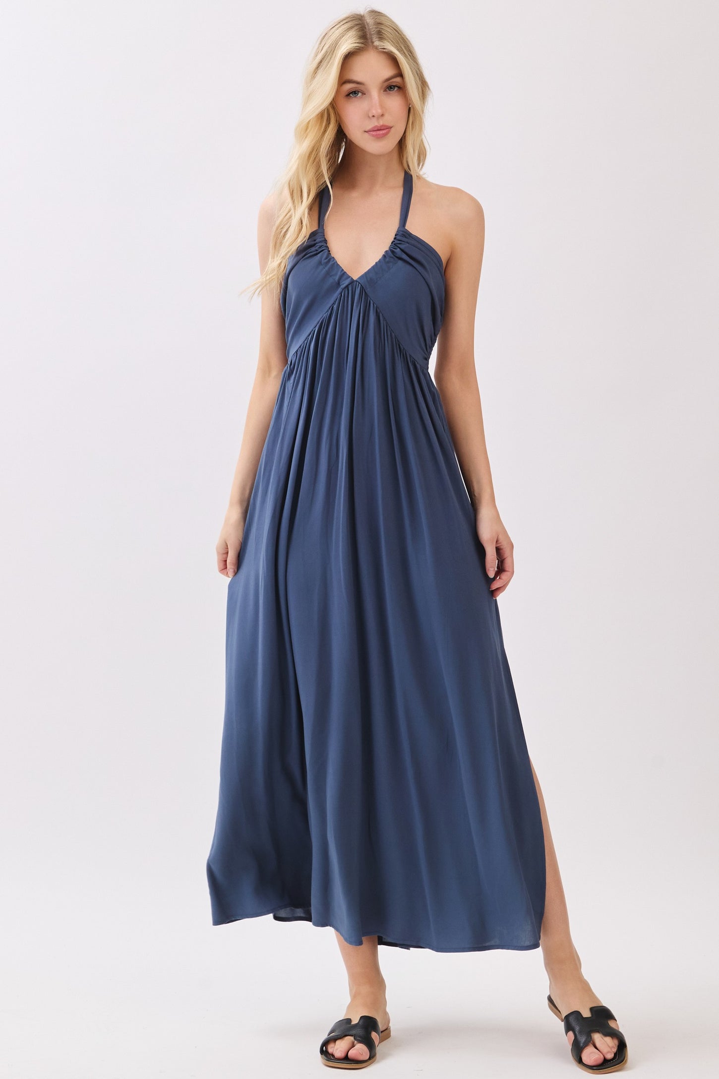 Navy Halter Neck Side Slit Maternity Midi Dress