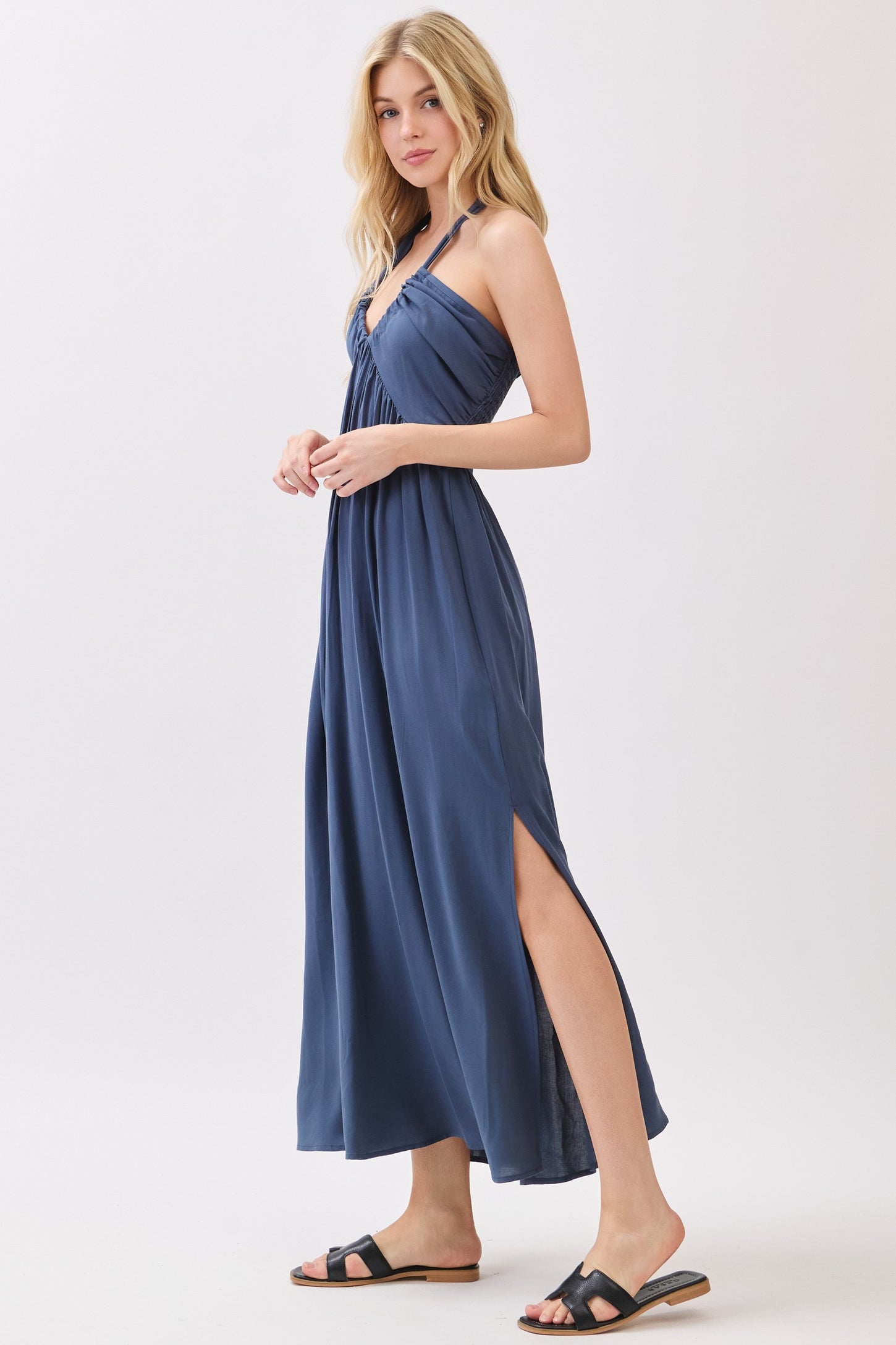Navy Halter Neck Side Slit Midi Dress