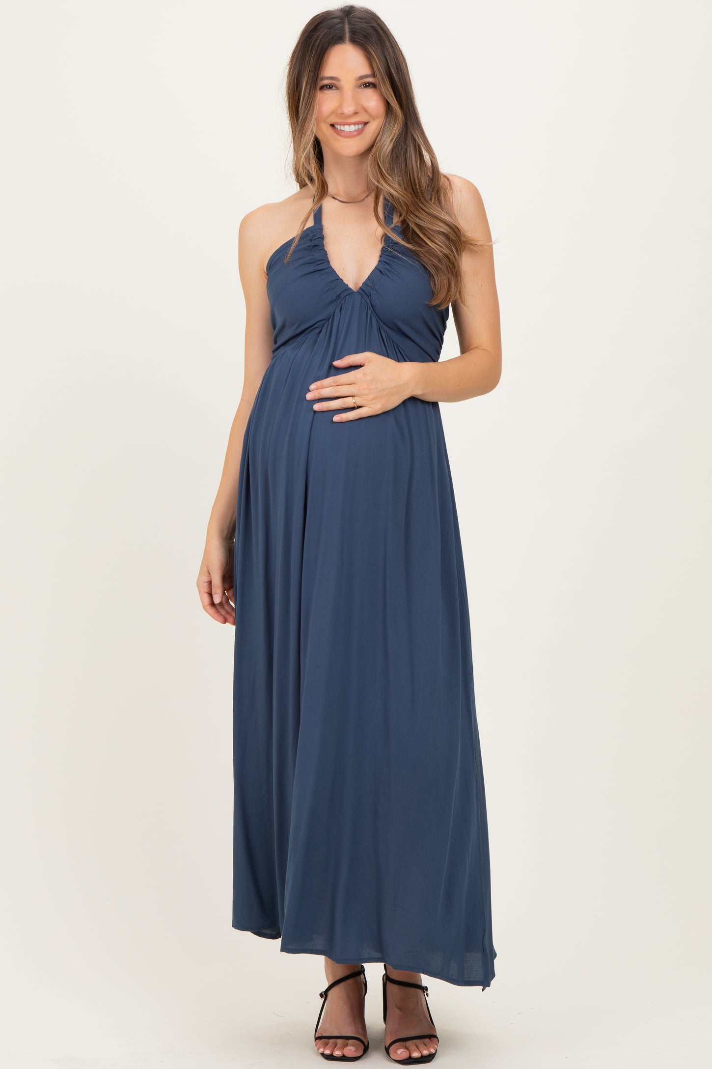 Navy Halter Neck Side Slit Maternity Midi Dress