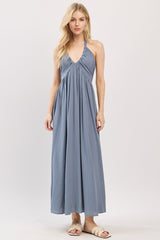 Dusty Blue Halter Neck Side Slit Maternity Midi Dress