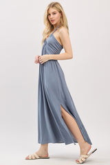 Dusty Blue Halter Neck Side Slit Midi Dress