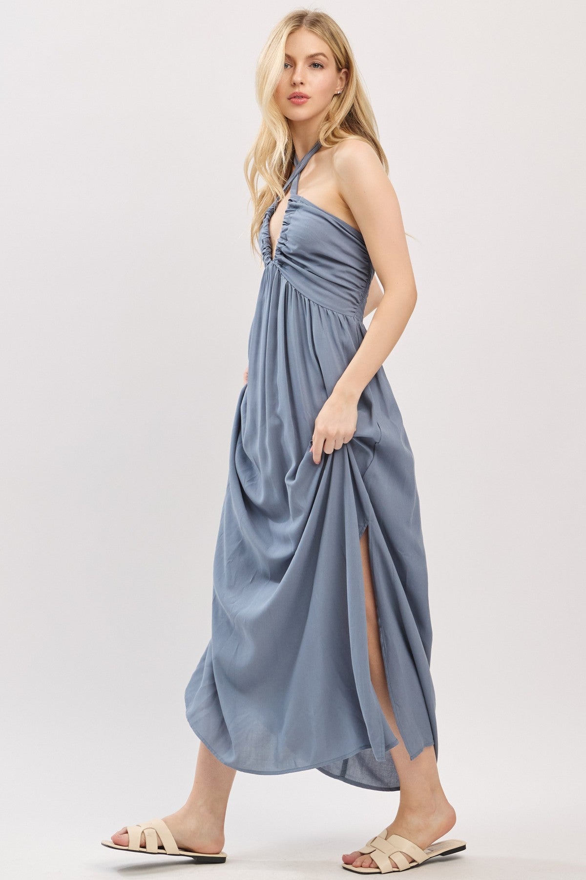 Dusty Blue Halter Neck Side Slit Midi Dress