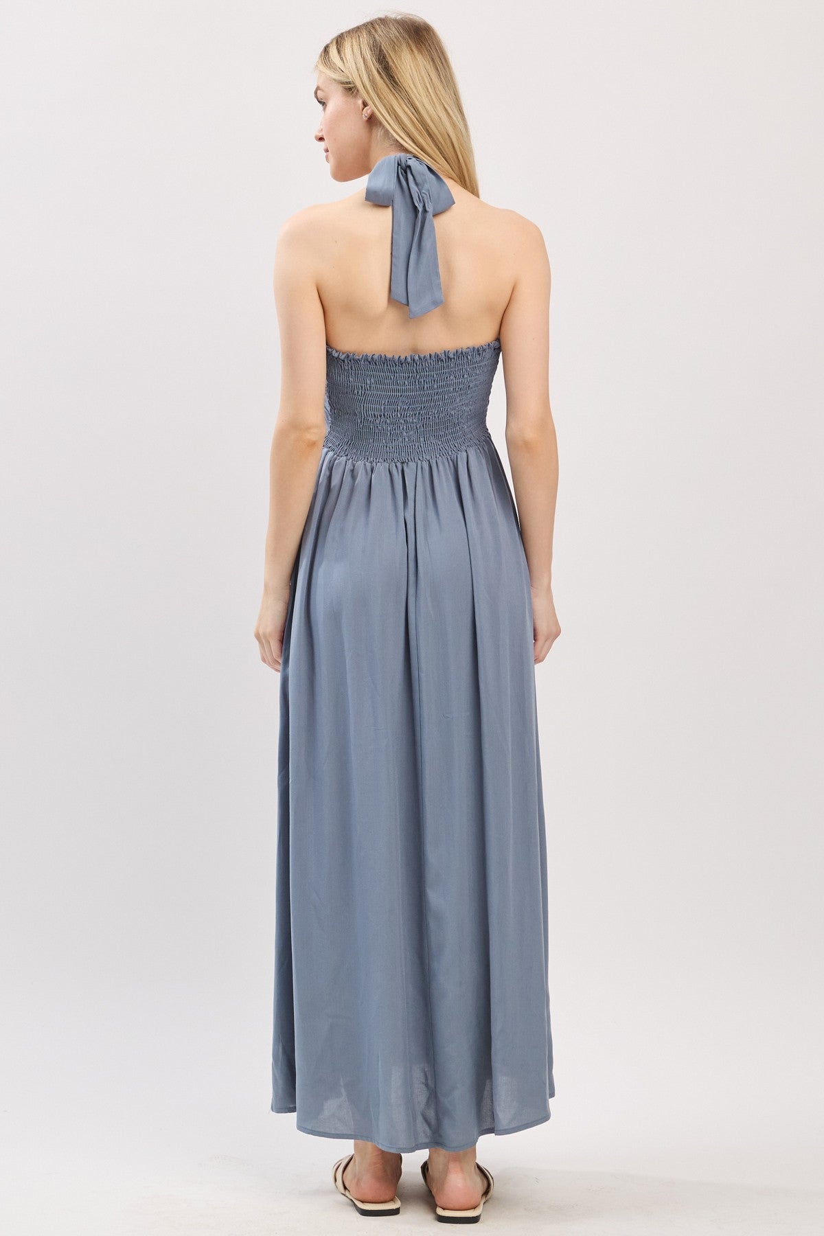 Dusty Blue Halter Neck Side Slit Midi Dress