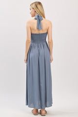 Dusty Blue Halter Neck Side Slit Midi Dress