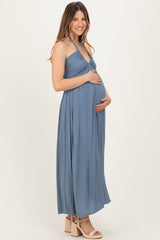 Dusty Blue Halter Neck Side Slit Maternity Midi Dress