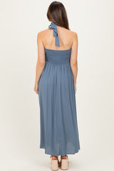 Dusty Blue Halter Neck Side Slit Maternity Midi Dress