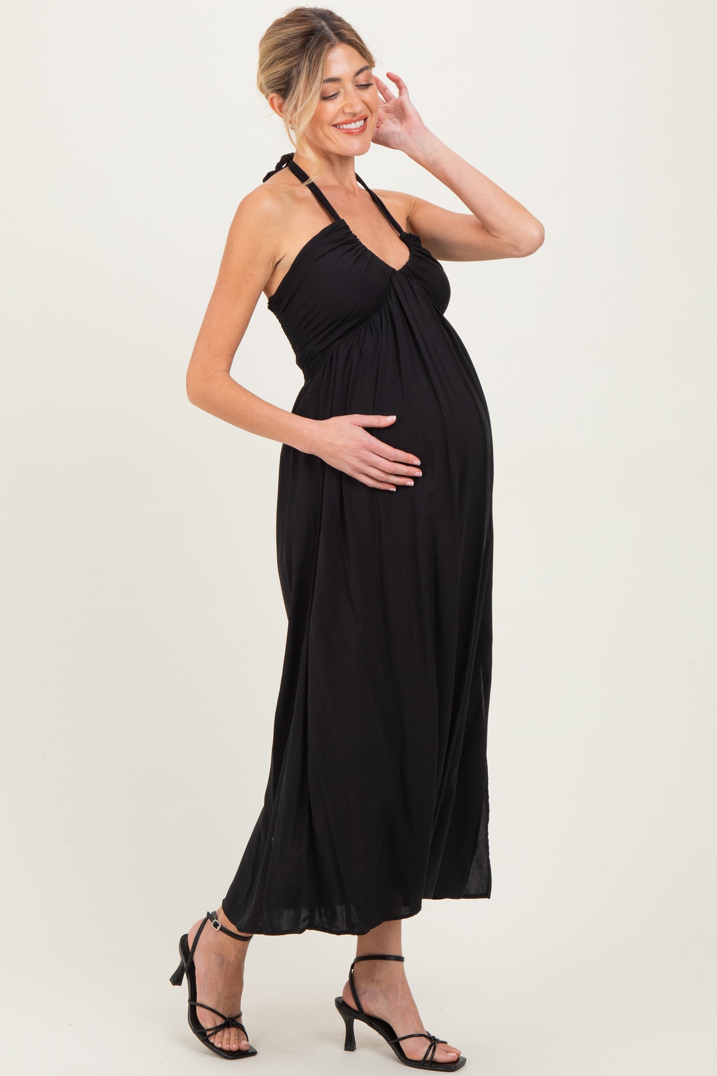 Black Halter Neck Side Slit Maternity Midi Dress