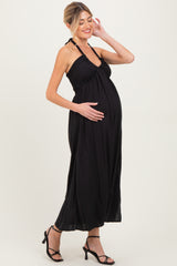 Black Halter Neck Side Slit Maternity Midi Dress