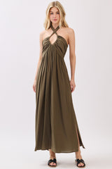 Olive Halter Neck Side Slit Midi Dress