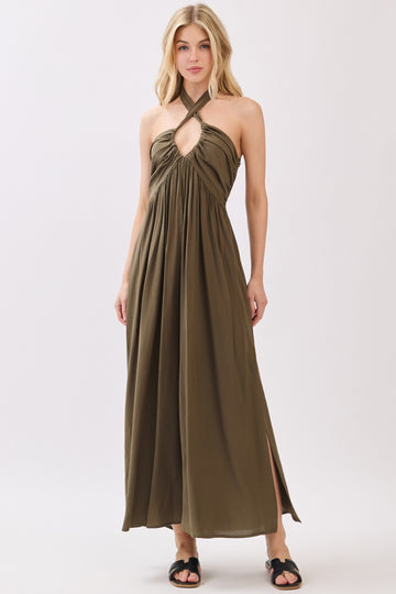 Olive Halter Neck Side Slit Midi Dress