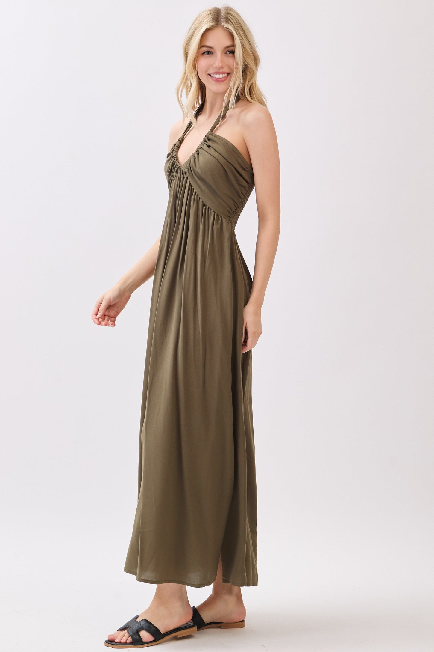Olive Halter Neck Side Slit Midi Dress