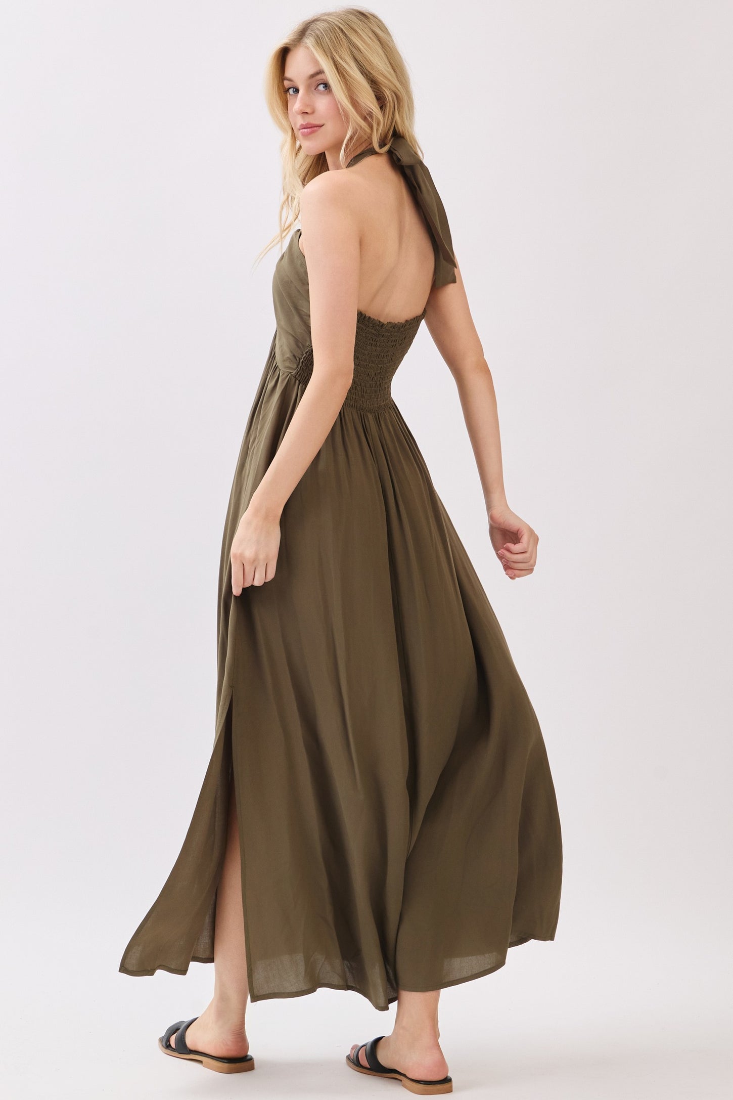 Olive Halter Neck Side Slit Midi Dress