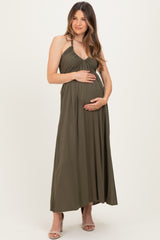 Olive Halter Neck Side Slit Maternity Midi Dress