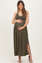 Olive Halter Neck Side Slit Maternity Midi Dress
